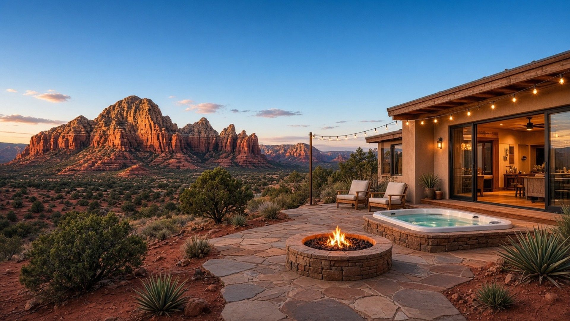 Sedona vacation rental patio with a hot tub and fire pit at sunset, facing red rock buttes (illustrative image)